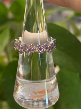 Delicate Amethyst Baguette Crystal Ring - Silver Tone